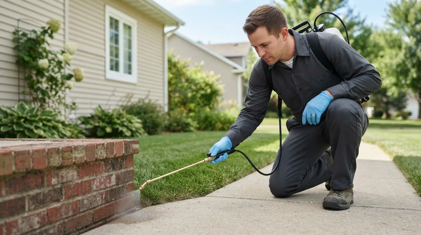 Pest control technician treating a home near Mcville, ND