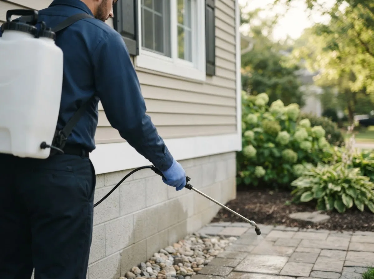 Pest control technician inspecting a home in Mcville, ND